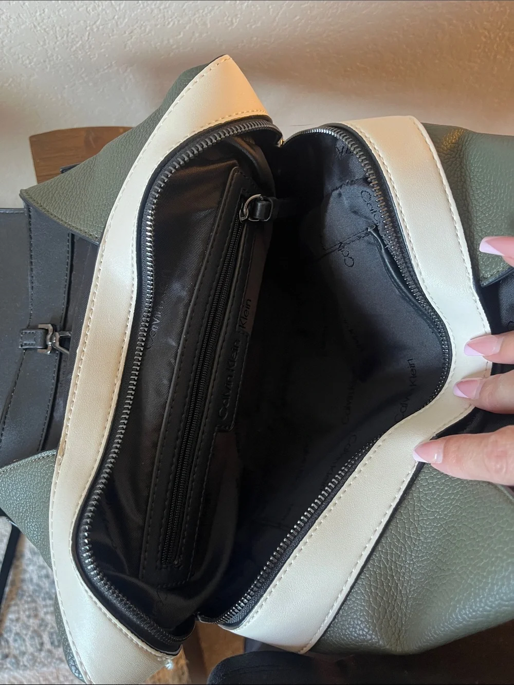 Calvin Klein Olive and Black Pebble Leather Two-Tone Backpack with Coin Pouch